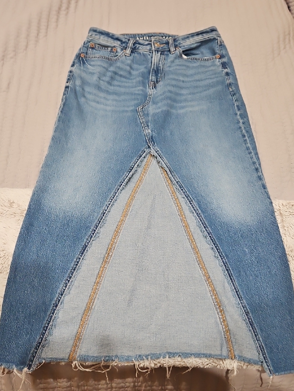 American Eagle Outfitters Light Blue Denim Maxi Skirt with Front V-Slit